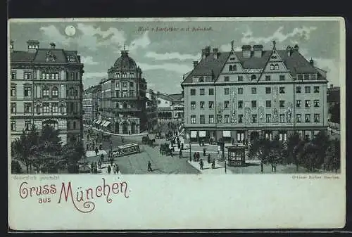 Mondschein-Lithographie München, Blick vom Karlsthor nach dem Bahnhof