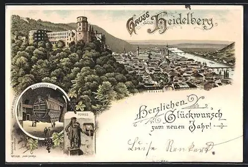 Lithographie Heidelberg, Stadtansicht, Das grosse Fass, Perkeo
