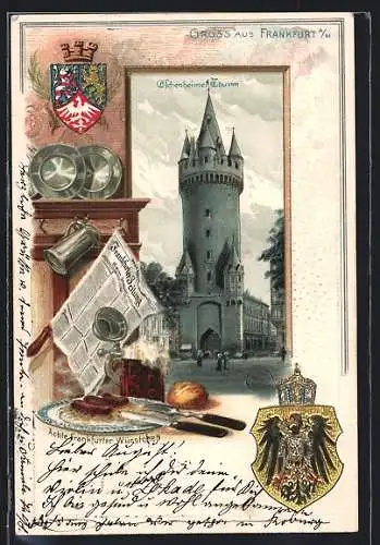 Passepartout-Lithographie Frankfurt /Main, Eschenheimer Thurm, Frankfurter Würstchen, Wappen