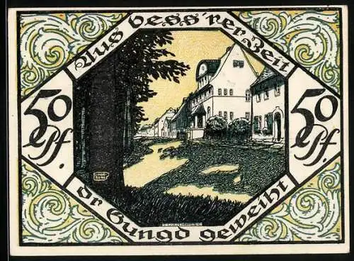 Notgeld Scheibenberg 1921, 50 Pfennig, Ortsansicht mit Bergmann, Strassenpartie im Sonnenschein