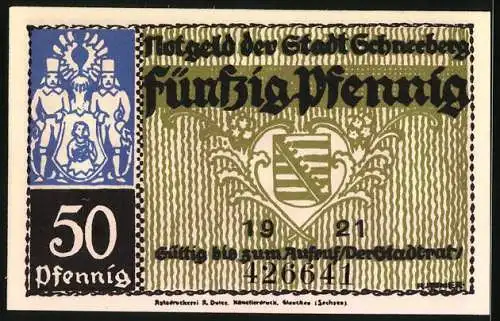 Notgeld Schneeberg 1921, 50 Pfennig, Wappen, Engel, Markt und Fürstenplatz