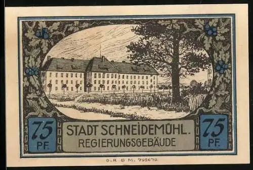 Notgeld Schneidemühl, 75 Pfennig, Wappen, Regierungsgebäude