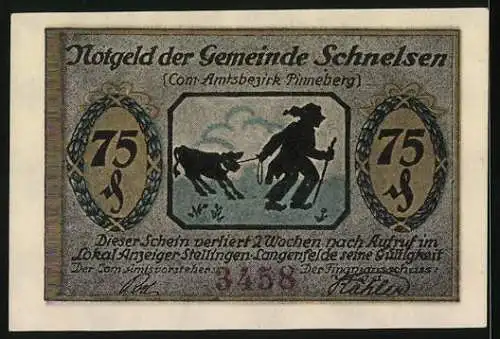 Notgeld Schnelsen /Pinneberg, 75 Pfennig, Strassenpartie, Bauer mit Kalb