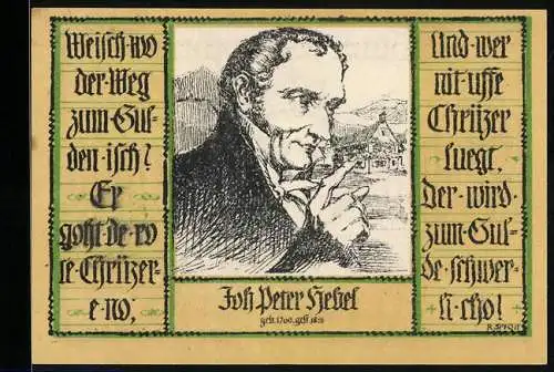 Notgeld Schopfheim 1921, 50 Pfennig, Wappen, Hut-Tracht, Joh. Peter Hebel