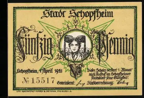 Notgeld Schopfheim 1921, 50 Pfennig, Wappen, Hut-Tracht, Das Habermuss