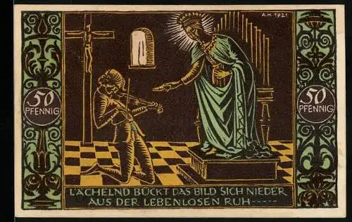 Notgeld Schw. Gmünd 1921, 50 Pfennig, Wappen, Geiger vor lebendig gewordener Marienstatue