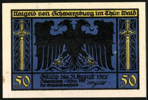 Notgeld Schwarzburg /Thür. 1922, 50 Pfennig, Doppeladler, Schwerter, Ritterrüstungen, Schloss