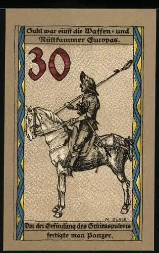 Notgeld Suhl, 30 Pfennig, Ritter in Rüstung auf seinem Pferd