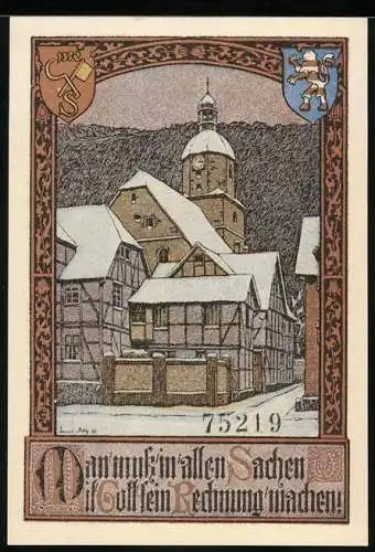 Notgeld Bad Sooden a. d. Werra, 50 Pfennig, Blick zur Kirche im Winter