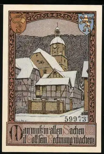 Notgeld Bad Sooden a. d. Werra, 50 Pfennig, Blick zur Kirche im Schnee