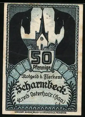 Notgeld Scharmbeck 1920, 50 Pfennig, Blick zur Kirche