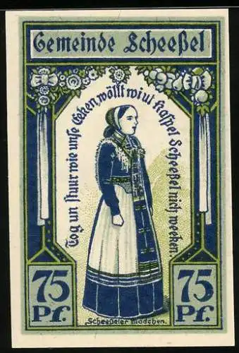 Notgeld Scheessel 1921, 75 Pfennig, Frau in Tracht und Ortsansicht