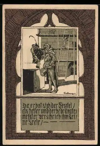 Notgeld Recklinghausen 1921, 50 Pfennig, Der Baumeister verkauft seine Seele an den Teufel