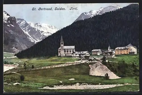 AK Sulden, Ortsansicht mit St. Gertraud und Bergpanorama