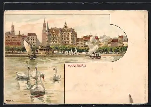 Lithographie Hamburg-Neustadt, Blick von der Binnenalster zum Restaurant Alsterlust