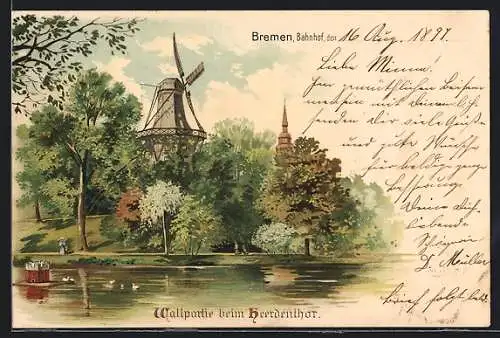 Lithographie Bremen, Wallpartie beim Heerdentor