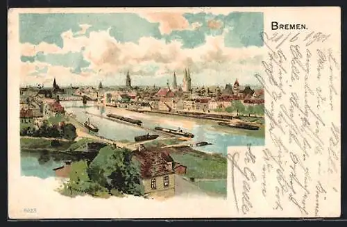 Lithographie Bremen, Blick zum Ort, Lastkähne