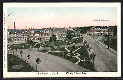 AK Schöneck / Vogtl., König Albert Platz und Kurhotel Schützenhaus