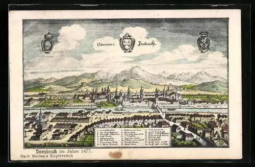 Künstler-AK Innsbruck, Gesamtansicht aus dem Jahre 1677 nach Merian