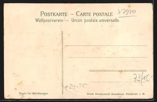 Passepartout-Lithographie Aulendorf, Gasthof zum Löwen, Brauerei und Haushaltungsschule und Bahnhof im Kleeblatt