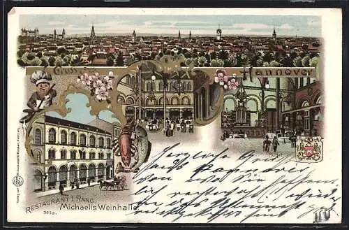 Lithographie Hannover, Restaurant Michaelis Weinhalle, Inneres Büffet, Hof