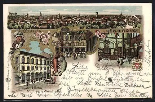 Lithographie Hannover, Restaurant Michaelis Weinhalle, Inneres Buffet, Hof