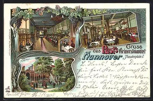 Lithographie Hannover, Weinrestaurant Pust, Theaterplatz 7, Innenansichten, Garten