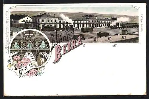 Lithographie Bebra, Bahnhof mit Bahnhofsanlagen, Restaurant Bebra