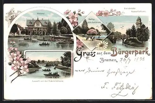 Lithographie Bremen, Bürgerpark, Meierei, Partie am Emmasee, Aussicht von der Rickmersbrücke