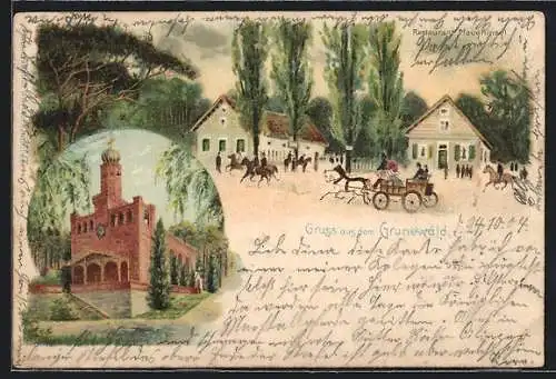 Lithographie Berlin-Grunewald, Restaurant Pfaueninsel, Kirche