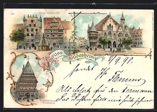 Lithographie Hildesheim, Brunnen vor dem Rathaus, das Haus Wedekind, Knochenhauer Amtshaus