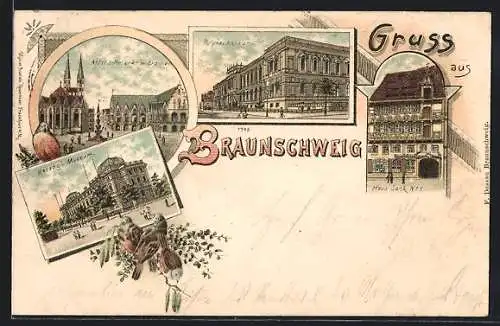 Lithographie Braunschweig, Herzogl. Museum, Haus Sack No. 5, Polytechnikum