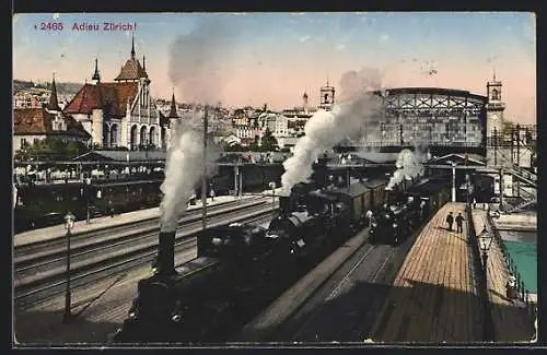 AK Zürich, Züge fahren aus dem Bahnhof