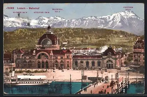 AK Luzern, Der Bahnhof mit Schynberg, Sättelistock, Wallenstöcken, Stanserhorn