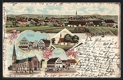 Lithographie Röhlingen, Bierbrauerei zur Traube, Kapelle Dietersbach, Bierbrauerei zum Lamm, Kirche