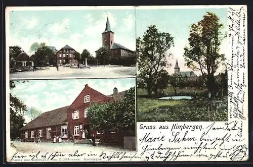 AK Himbergen, Gasthaus, Kirche und Denkmal, Ortspartie