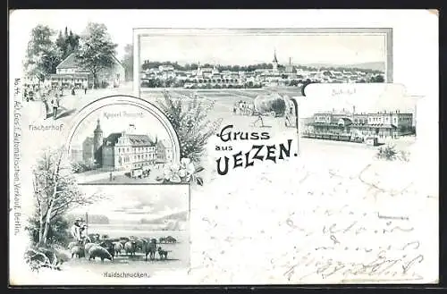 Lithographie Uelzen, Gesamtansicht, Bahnhof, Fischerhof