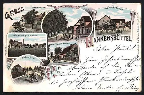 Lithographie Hankensbüttel, Gasthaus Mentzhausen, Genossenschafts-Molkerei, Celler und Uelsener Landstrasse