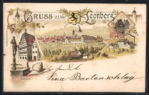 Lithographie Leonberg / Württ., Rathaus, Keplerhaus bei Nacht, Ortsansicht