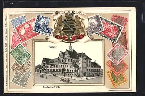 Präge-AK Reichenbach i. V., Postamt, Briefmarken und Wappen