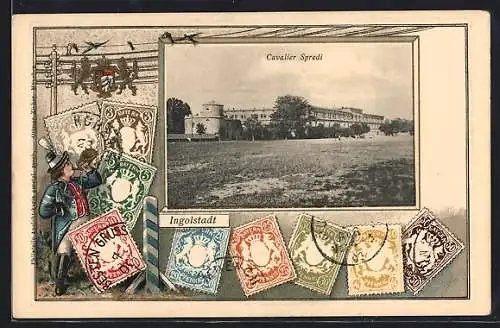 Präge-AK Ingolstadt, Cavalier Spredi Kaserne, Briefmarken und Postillon