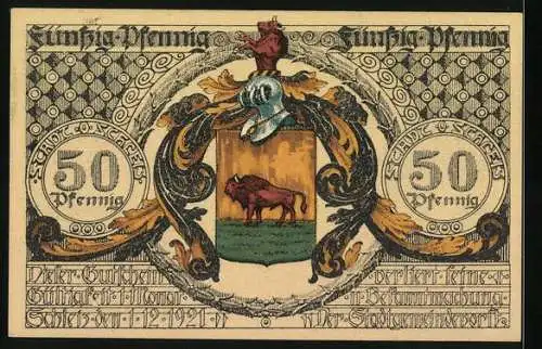 Notgeld Schleiz 1921, 50 Pfennig, Konterfei von Johann Friedrich Böttger