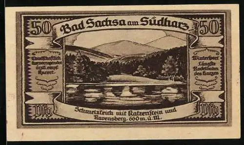 Notgeld Bad Sachsa am Südharz 1921, 50 Pfennig, Schmelzteich mit Katzenstein