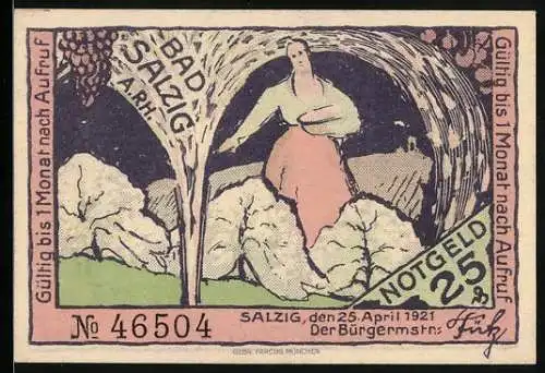 Notgeld Bad Salzig a. Rh. 1921, 25 Pfennig, Frau an der Quelle, Denkmal