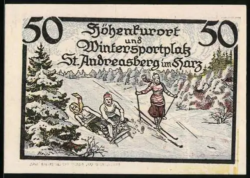 Notgeld St. Andreasberg 1921, 50 Pfennig, Skifahrer und Schlittenfahrer, Zahnrad-Bahnhof