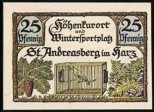 Notgeld St. Andreasberg im Harz 1921, 25 Pfennig, Vogel im Käfig, Zahnrad-Bahnhof