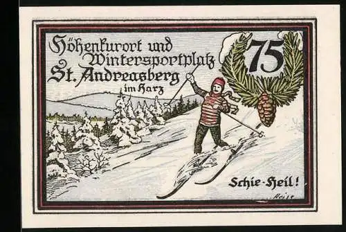 Notgeld St. Andreasberg 1921, 75 Pfennig, Skifahrer im Schnee, Zahnrad-Bahnhof