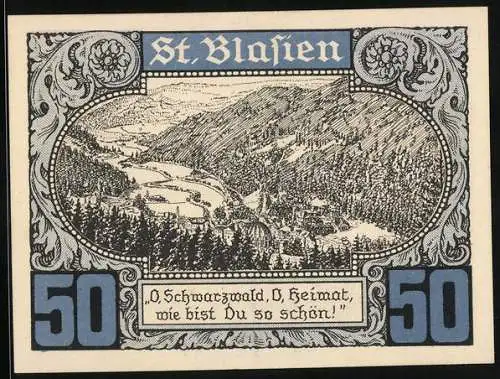 Notgeld St. Blasien / Schwarzwald, 50 Pfennig, Blick auf St. Blasien