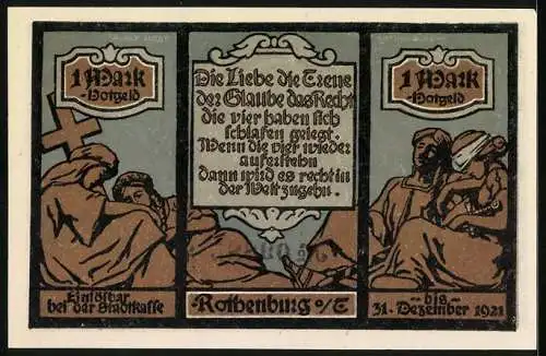 Notgeld Rothenburg 1921, 1 Mark, Strassenpartie, Gläubige mit Kreuz und Schwert