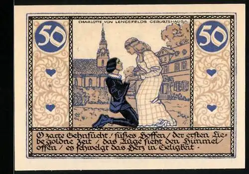 Notgeld Rudolstadt 1921, 50 Pfennig, Charlotte von Lengenfelds Geburtshaus